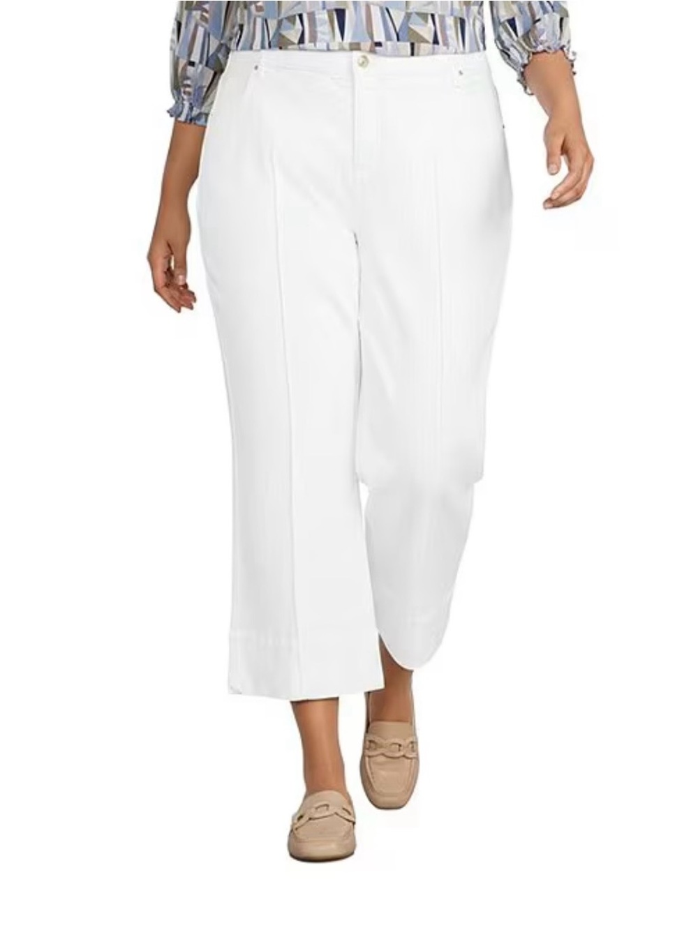 Plus-Size White‎ Wide-Leg Crop Pants with Front Seam